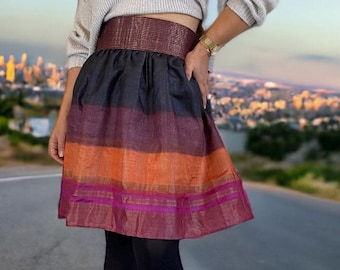 M/L-Hand-Dyed Tusser Silk Skirt, Striped Pleated Mini Skirt