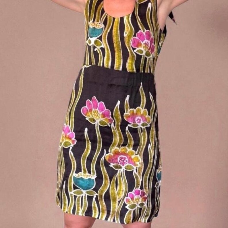 Party dress: Hand painted 100 percent silk. Indian handloom. Cocktail dress. Above knee. Hand made. Size Small (6) and Medium. image 1