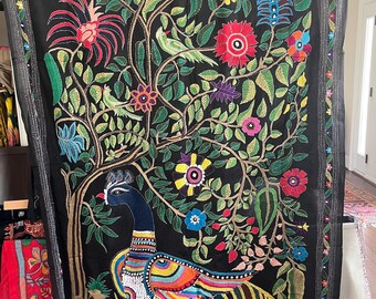 Black Embroidered Peacock Scarf: Multicolor Lightweight Floral Shawl
