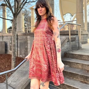 Cocktail dress: Silk Brocade Dress in Deep Red & Gold. Vintage Handwoven fabric. Retro dress. Formal and occasion wear. Small and medium.