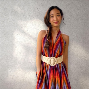 Ikat dress hand loomed geometric pattern. Summer dress. Halter neck dress. Size S/M, 6 to 10 US. Black cotton dress.