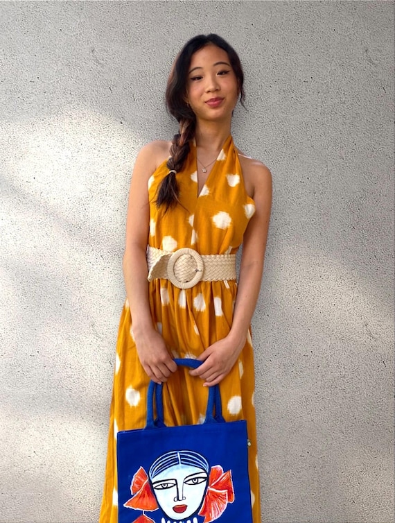 Ikat dress hand loomed geometric pattern. Summer dress. Halter neck dress. Size S/M, 6 to 10 US. Yellow cotton dress.