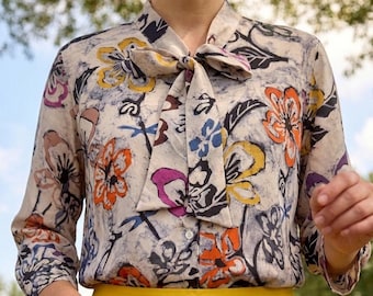 M,L - Hand printed wax Batik Silk Blouse: Printed Office Top, formal blouse, event wear, occasion wear