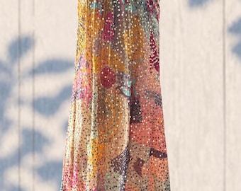 Peach/multi party dress with hand stitched sequins, size small/medium. Formal or informal occasion dress. Flapper dress.