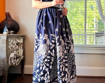 Maxi skirt. Bengal Kantha hand embroidery. Boho skirt. Size M waist 32 Formal wear. Wedding guest. Blue and white skirt.