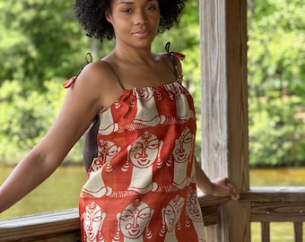 M/L-Silk party dress: Four season tusser/ tussah silk dress. Hand loom, hand dye and block print. Chest up to 40C Spaghetti strap dress.