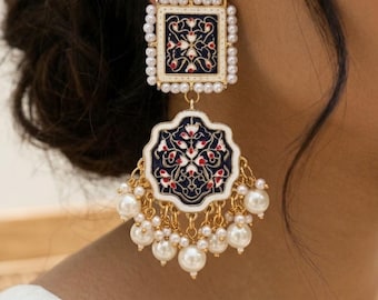 Blue Enamel Faux Pearl Chandelier Earrings: Vintage Indian Gold Tone Statement Jewelry