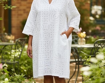 Embroidered White Cotton Sundress: Floral Linen Tank Dress. Size large (Chest up to 46C/D)