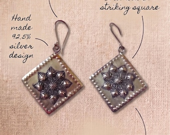 92.5% Silver Square Indian Dangle Earrings: Handmade Vintage Boho Floral Jewelry
