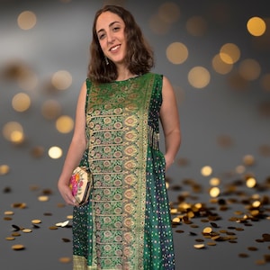 Green Silk Brocade Dress: Vintage Handwoven Sleeveless Party Dress, formal dress, silk dress. Knee length dress.