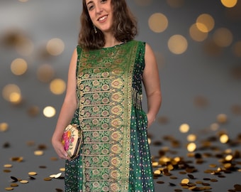 Green Silk Brocade Dress: Vintage Handwoven Sleeveless Party Dress, formal dress, silk dress. Knee length dress.
