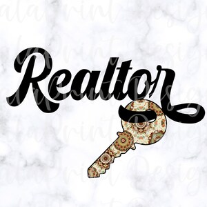 May include: Black and white graphic design of the word "Realtor" with a key underneath. The key is filled with a brown and white patterned design.