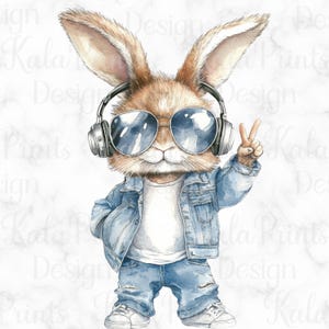 Hase Mit Sonnenbrille Kopfhörer PNG Lustige Ostern Retro Kaninchen Friedenszeichen Png-Datei für den Sublimationsdruck DTG Print Bereit zum Druck Downloa