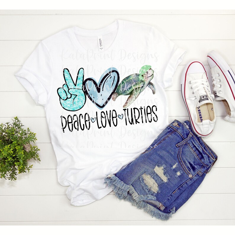 May include: White t-shirt with a peace sign, heart, and sea turtle graphic. The text "Peace Love Turtles" is printed below the graphic.
