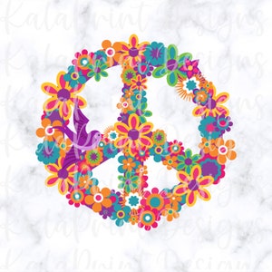 Signo de paz floral archivo PNG para la impresión de sublimación DTG impresión lista para imprimir la sublimación Descargar flor poder hippie pájaro diseño