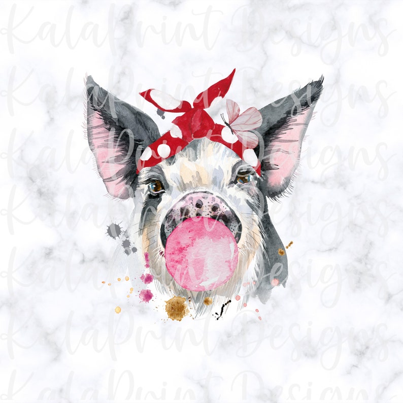 Download Clip Art Funny Watercolor Pig Download Cuter Piggy With Bubblegum And Bandana Png File For Sublimation Printing Dtg Print Ready To Print For Shirts Art Collectibles