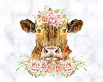 Floral Cow PNG, Sublimation Design, DTG Print (Digital Download)