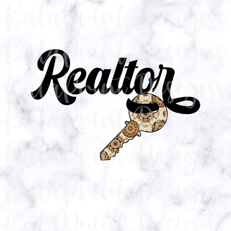 May include: Black and white graphic design of the word "Realtor" with a key underneath. The key is filled with a brown and white patterned design.