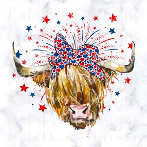Red White Blue Highland Cow With Patriotic Bandana PNG Country USA Firework File for Sublimation Printing DTG Print Ready to Print Download