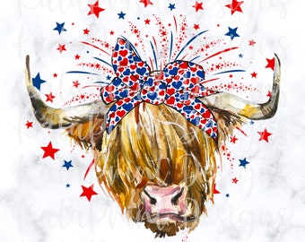 Red White Blue Highland Cow With Patriotic Bandana PNG Country USA Firework File for Sublimation Printing DTG Print Ready to Print Download