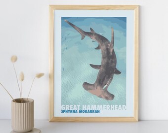 Hammerhead Shark Wall Art | Ocean Wildlife Print | Home Decor|living ...
