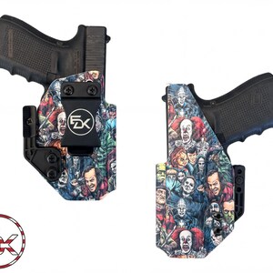 two gun holsters with a colorful, cartoon-style design printed on them.
