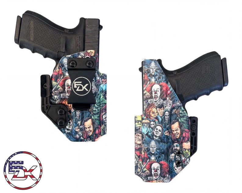 two gun holsters with a colorful, cartoon-style design printed on them.