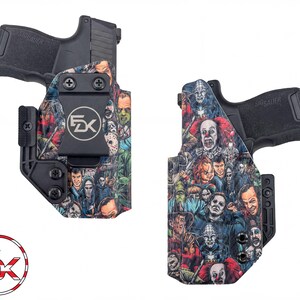 a pair of custom-designed gun holsters with a colorful, comic book-style design.