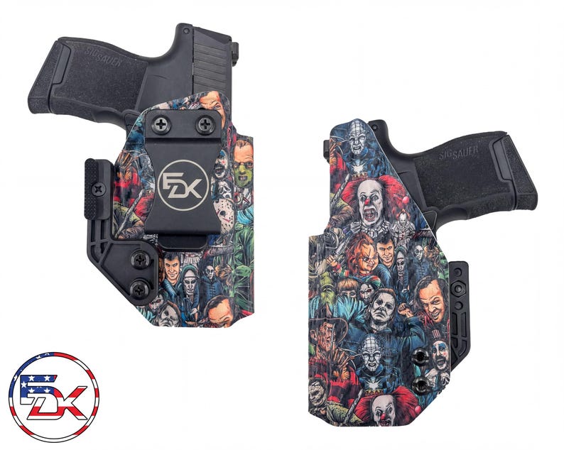 a pair of custom-designed gun holsters with a colorful, comic book-style design.