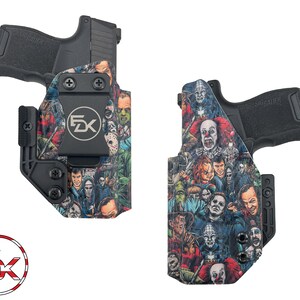 May include: Two black gun holsters with a colorful horror movie character print. The print features characters like Freddy Krueger, Jason Voorhees, and Michael Myers.