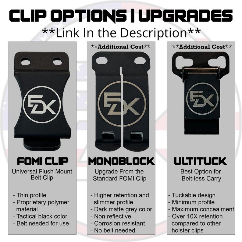 K&ouml;nnte beinhalten: Bild von drei schwarzen Metallg&uuml;rtelclips mit dem Text "CLIP OPTIONS | UPGRADES". Die Clips sind mit Fomi Clip, Monoblock und Ultituck beschriftet. Jeder Clip hat ein Logo mit den Buchstaben "5X" in einem Kreis.
