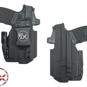 May include: Two black molded holsters, each containing a semi-automatic pistol with a mounted optic sight. The left holster features a black belt clip with a circular FDK logo. A circular logo with the letters FDK and a US flag pattern is included.