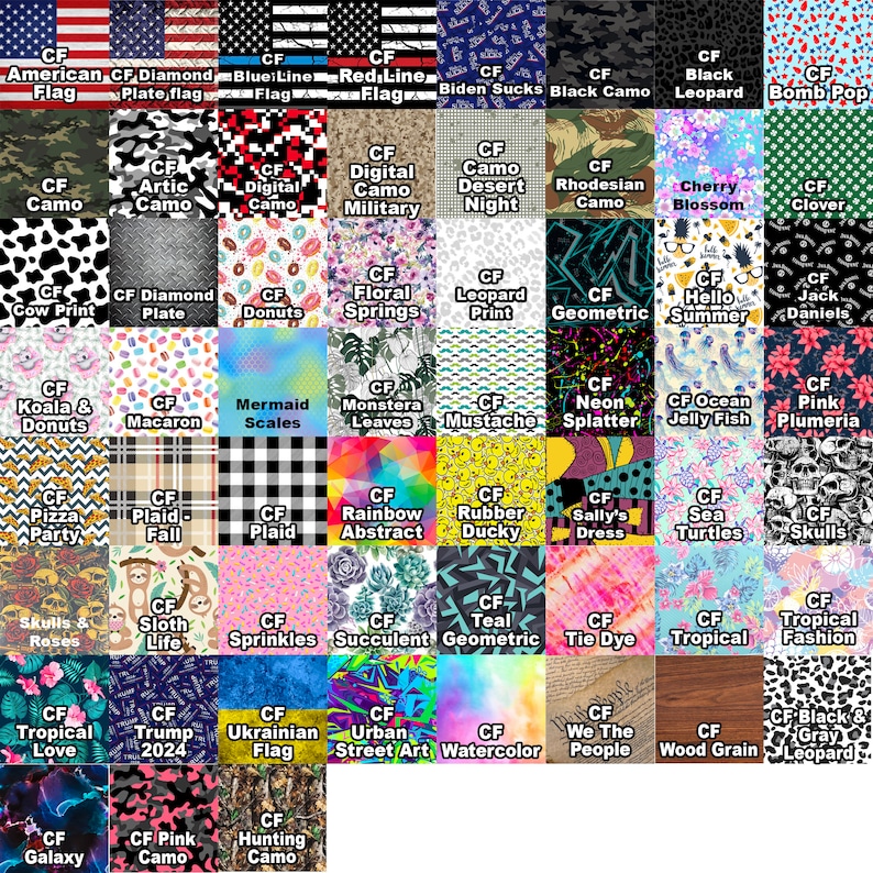 May include: A collection of fabric samples showcasing diverse patterns. Designs include the American flag, camouflage, floral, and animal prints. Each sample is labelled with a descriptive name such as "Black Leopard" or "Floral Springs". Measurements are not applicable.