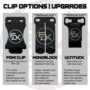 May include: Image of three black holster clips: Fomi Clip, Monoblock, and Ultituck. Each clip has a logo and text. The Fomi Clip is a universal flush mount belt clip. The Monoblock offers higher retention. The Ultituck is designed for belt-less carry.
