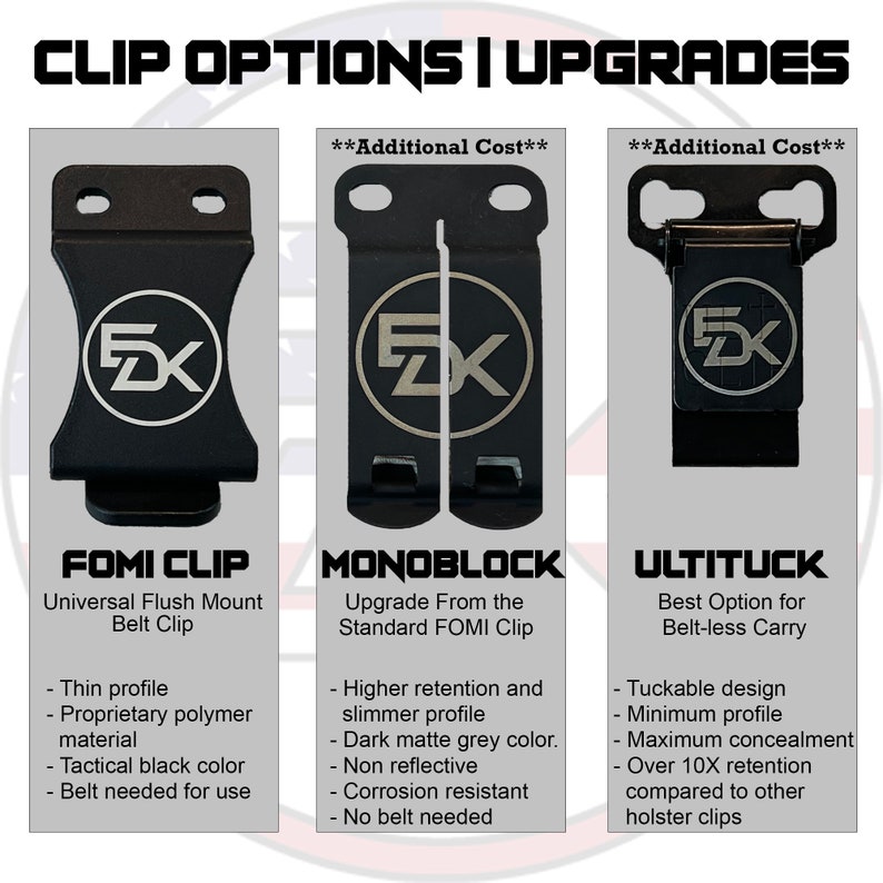 May include: Image of three black holster clips: Fomi Clip, Monoblock, and Ultituck. Each clip has a logo and text. The Fomi Clip is a universal flush mount belt clip. The Monoblock offers higher retention. The Ultituck is designed for belt-less carry.