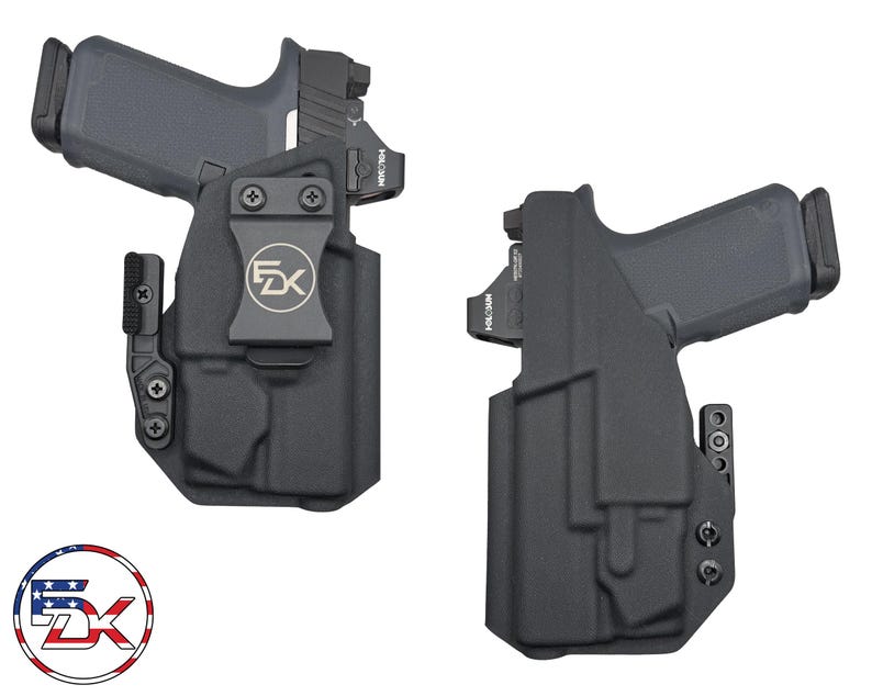 May include: Two black gun holsters with a grey handgun. The holsters have a clip and the logo "FX" on the front. The handgun has a red dot sight. The image also includes a logo with the letters "FX" inside a circle with red, white, and blue stripes.