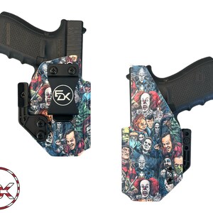 May include: A black handgun in a holster with a colorful print of horror movie characters. The holster has a black clip and the text "5DX" on it.