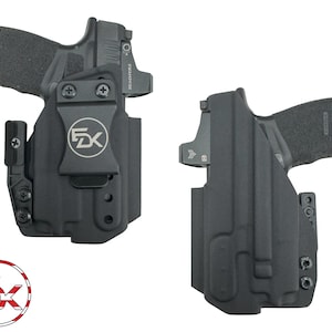 May include: A black gun holster with a clip and adjustable retention. The holster is designed to fit a handgun with a red dot sight. The holster is made of durable polymer and has a textured surface.