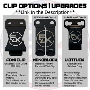 May include: An image displaying three black belt clips: Fomi Clip, Monoblock, and Ultituck. Each clip has a logo and is designed for various carry methods. Text provides details on each clip's features, such as profile, material, and retention.