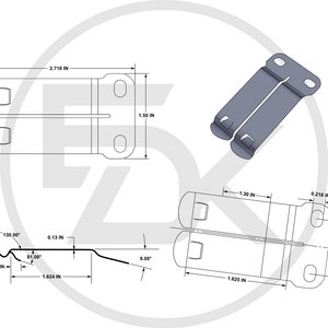 May include: A technical drawing of a metal bracket with dimensions in inches. The bracket has two parallel arms connected at the top with two holes for mounting. The overall length is 2.718 inches.