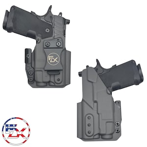 May include: Two gray gun holsters with a black handgun in each. The holsters have a clip on the side and a button on the front. The holsters are made by a company called "FDX".