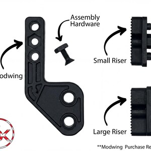 The image is a diagram showing various hardware components, including a small riser, a large riser, a modwing, and a large riser, along with arrows indicating assembly, hardware, and a purchase requirement.