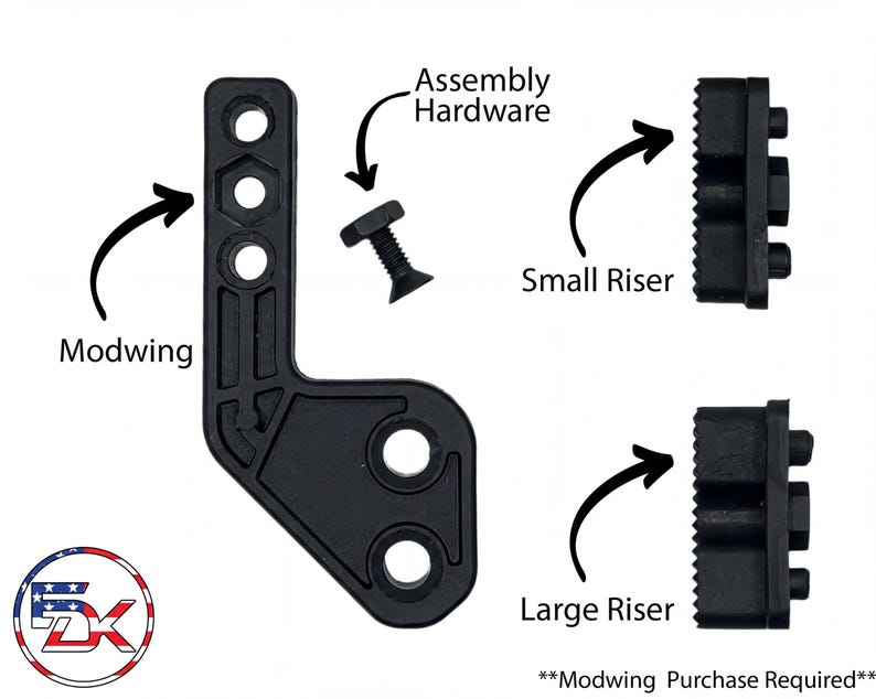 The image is a diagram showing various hardware components, including a small riser, a large riser, a modwing, and a large riser, along with arrows indicating assembly, hardware, and a purchase requirement.