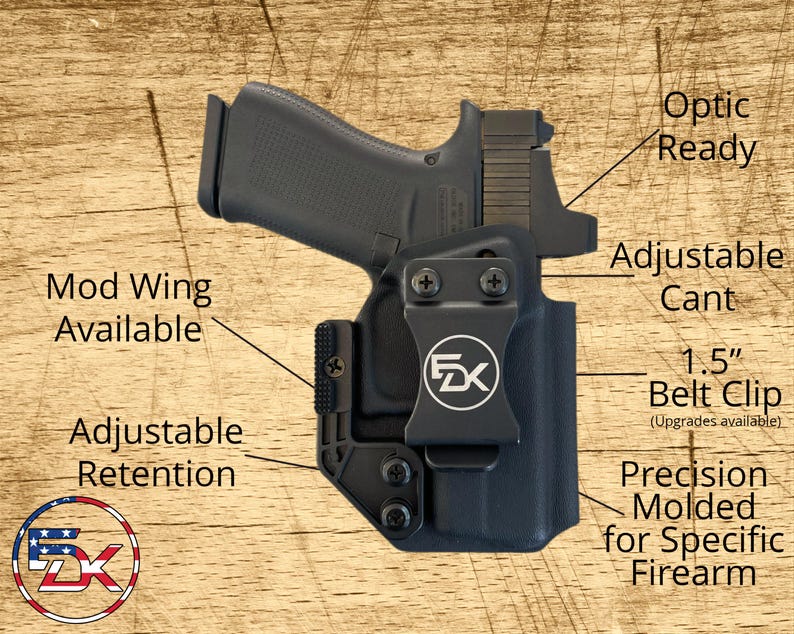 a black gun holster with various features and accessories, including a Mod Wing, Adjustable Retention, 1.5" Belt Clip, and Precision Molded for Specific Firearm.