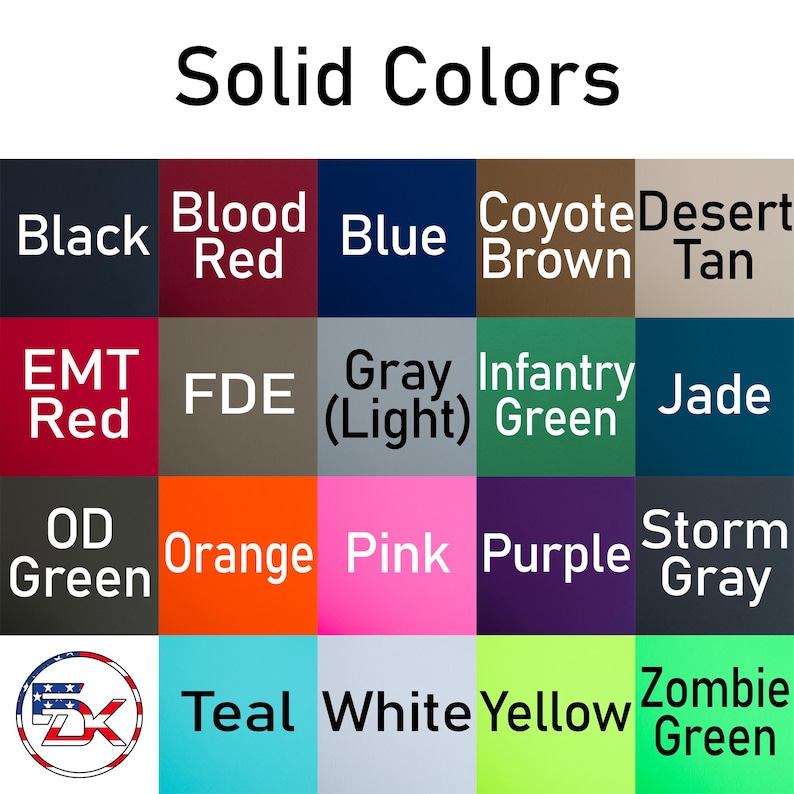 Puede incluir: Un gr&aacute;fico que muestra 18 opciones de color s&oacute;lido diferentes. Los colores est&aacute;n dispuestos en una cuadr&iacute;cula de 5 filas y 4 columnas. Los colores incluyen negro, rojo sangre, azul, marr&oacute;n coyote, marr&oacute;n desierto, rojo EMT, FDE, gris (claro), verde de infanter&iacute;a, jade, verde OD, naranja, rosa, morado, gris tormenta, azul verdoso, blanco, amarillo y verde zombie.