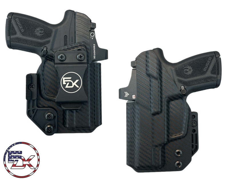 May include: A black carbon fiber holster with a black gun inside. The holster has a black clip and a black logo that says "5DX".