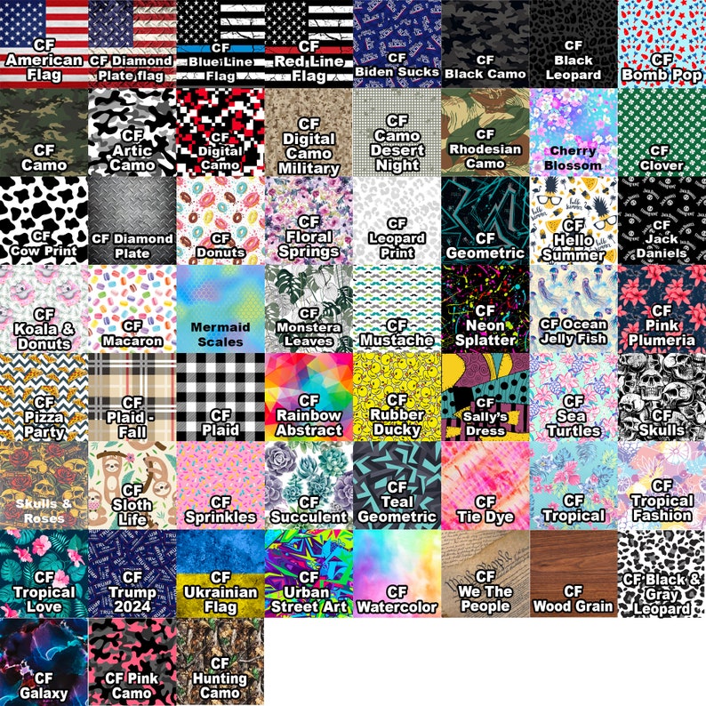 May include: A grid of 48 colorful digital patterns, each with a unique design and name. The patterns include various themes such as camo, floral, geometric, and animal prints. The patterns are labeled with the text "CF" followed by the name of the pattern.