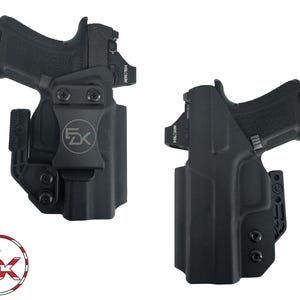 May include: Two black molded holsters, each containing a handgun with a mounted Holosun optic. The left holster features a belt clip with a circular FDK logo, while the right holster shows the opposite side. A circular FDK logo with a flag pattern is below.