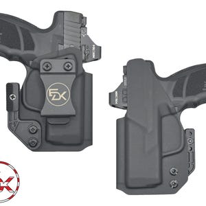 May include: Two black gun holsters with a handgun inside. The holsters have a clip and the logo "FX" on the front. The handgun has the letters "HK" on the side. The holsters are shown from two different angles.