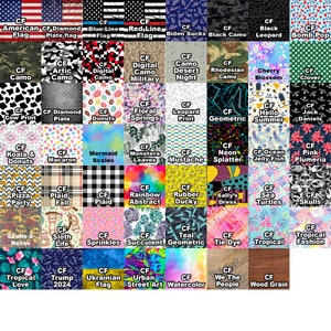 May include: A collection of fabric samples showcasing diverse patterns. Designs include flags, camouflage, floral, animal, and abstract art. Each sample is labelled with its name, such as "Black Leopard" or "Rainbow Abstract". Measurements are not applicable.